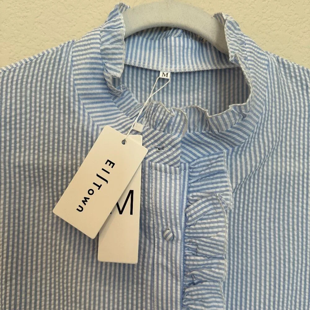 EI Town Blue and White Stripe Seersucker Blouse - Picture 3 of 5